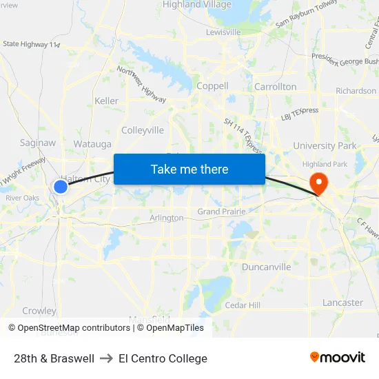 28th & Braswell to El Centro College map