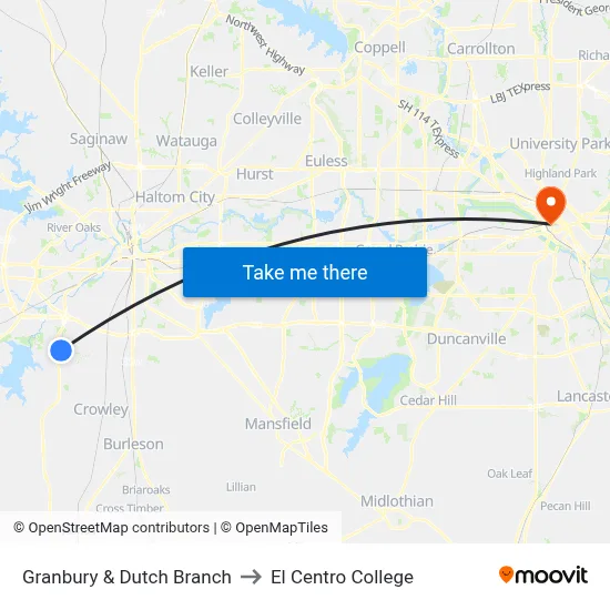 Granbury & Dutch Branch to El Centro College map