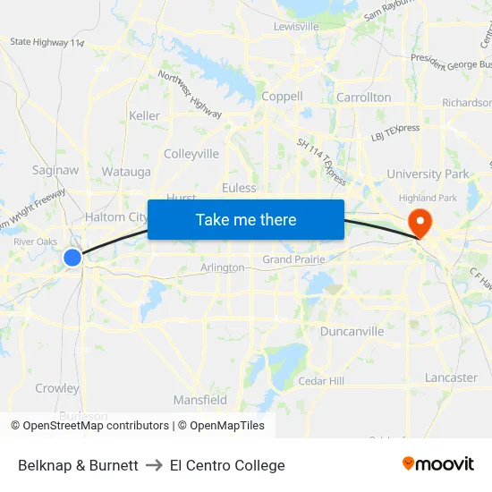 Belknap & Burnett to El Centro College map