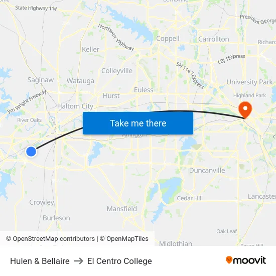 Hulen & Bellaire to El Centro College map
