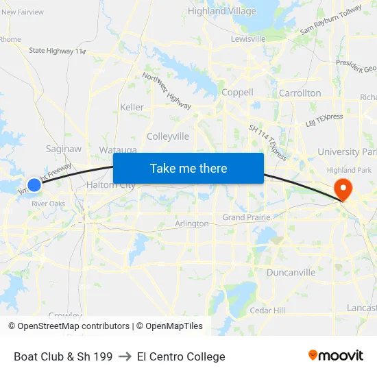 Boat Club & Sh 199 to El Centro College map