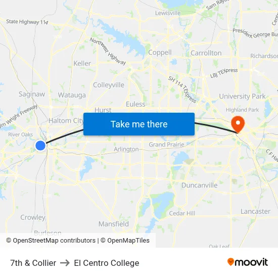 7th & Collier to El Centro College map