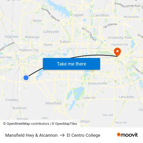 Mansfield Hwy & Alcannon to El Centro College map