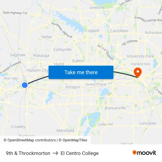 9th & Throckmorton to El Centro College map