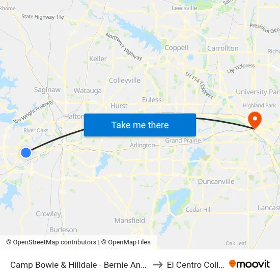 Camp Bowie & Hilldale - Bernie Anderson to El Centro College map