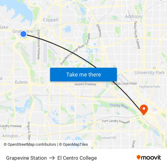 Grapevine Station to El Centro College map