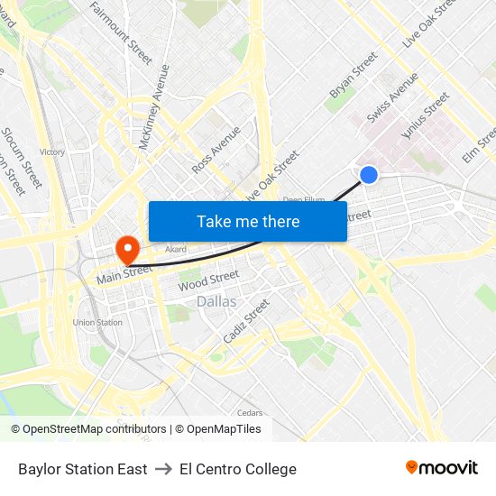 Baylor Station East to El Centro College map