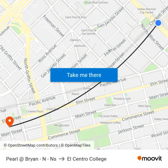 Pearl @ Bryan - N - Ns to El Centro College map