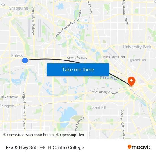 Faa & Hwy 360 to El Centro College map