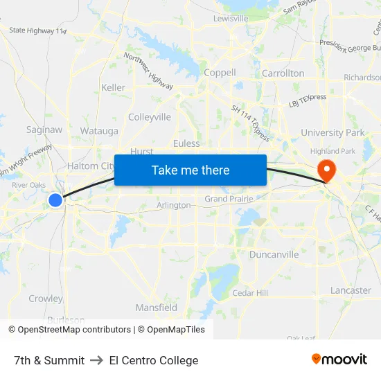 7th & Summit to El Centro College map