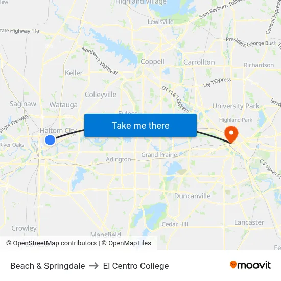 Beach & Springdale to El Centro College map