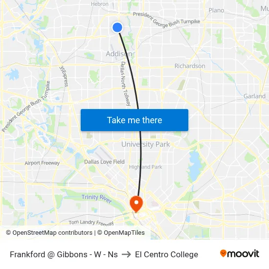 Frankford @ Gibbons - W - Ns to El Centro College map