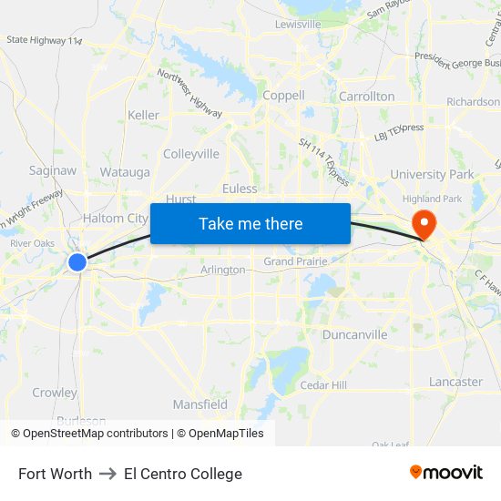 Fort Worth to El Centro College map