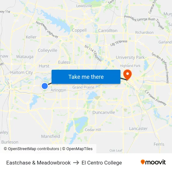 Eastchase & Meadowbrook to El Centro College map