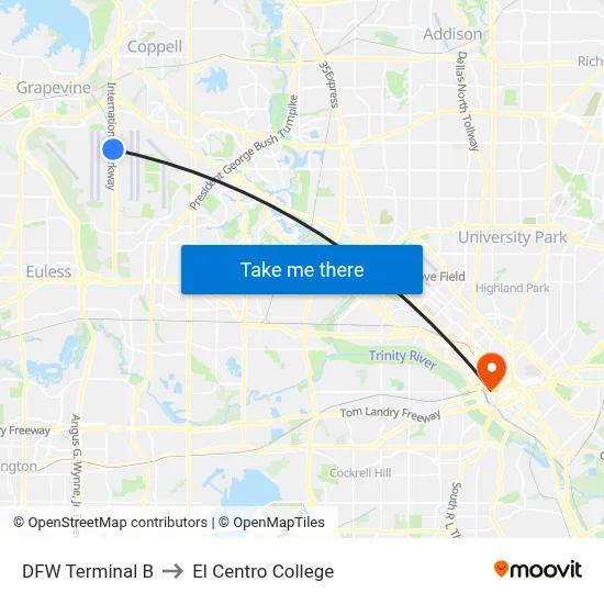 DFW Terminal B to El Centro College map