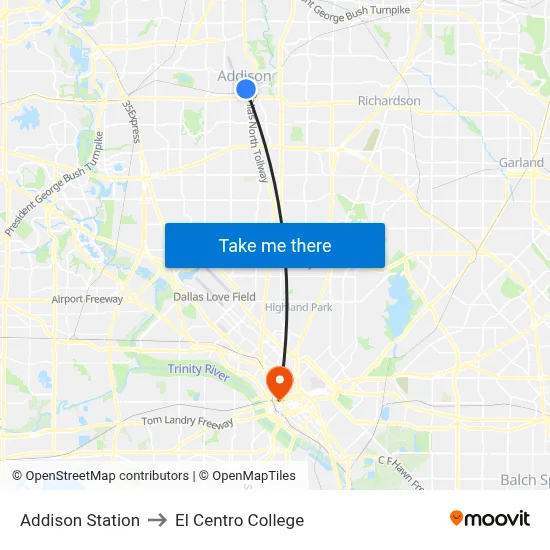 Addison Station to El Centro College map