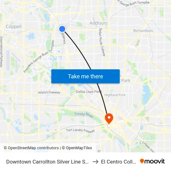 Downtown Carrollton Silver Line Station to El Centro College map