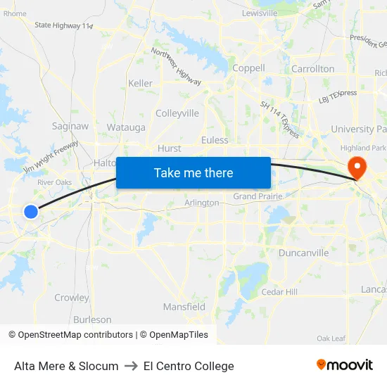 Alta Mere & Slocum to El Centro College map