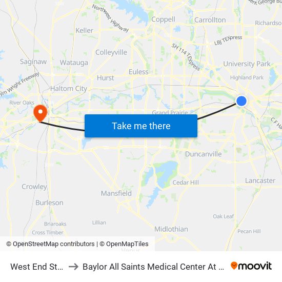 West End Station to Baylor All Saints Medical Center At Fort Worth map