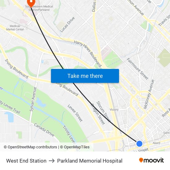 West End Station to Parkland Memorial Hospital map