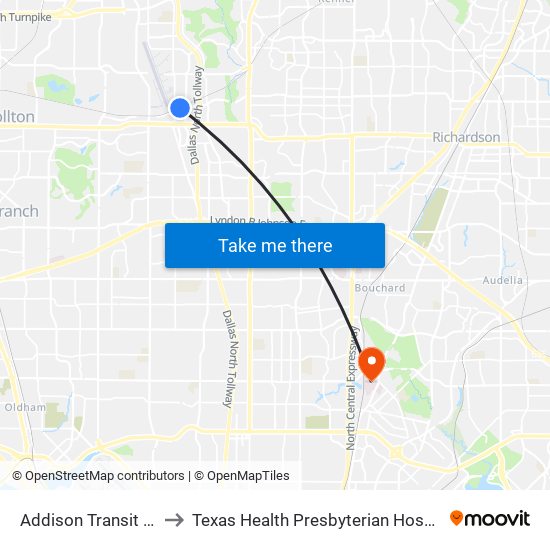 Addison Transit Center to Texas Health Presbyterian Hospital Dallas map