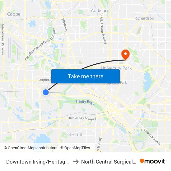 Downtown Irving/Heritage Crossing Station to North Central Surgical Center Hospital map