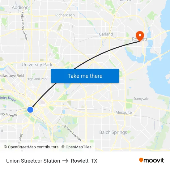 Union Streetcar Station to Rowlett, TX map