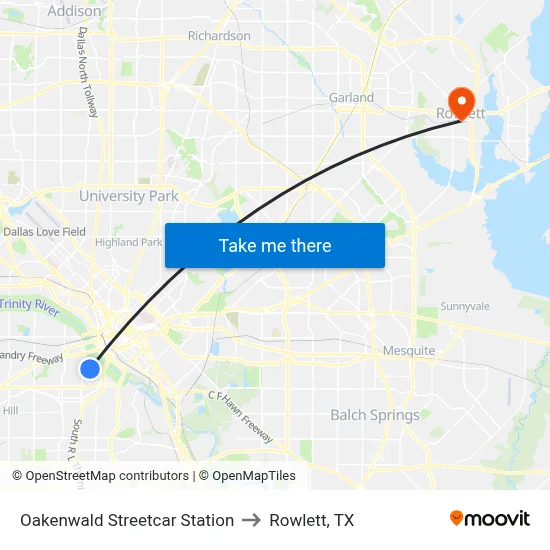 Oakenwald Streetcar Station to Rowlett, TX map