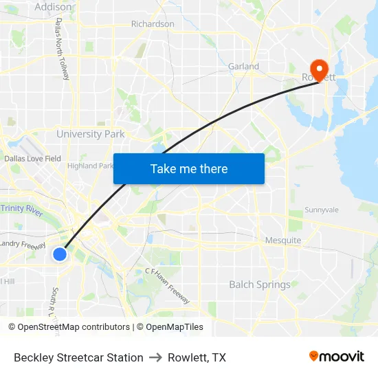 Beckley Streetcar Station to Rowlett, TX map