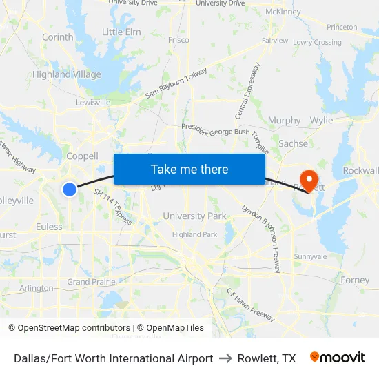 Dallas/Fort Worth International Airport to Rowlett, TX map