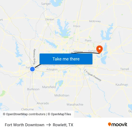 Fort Worth Downtown to Rowlett, TX map