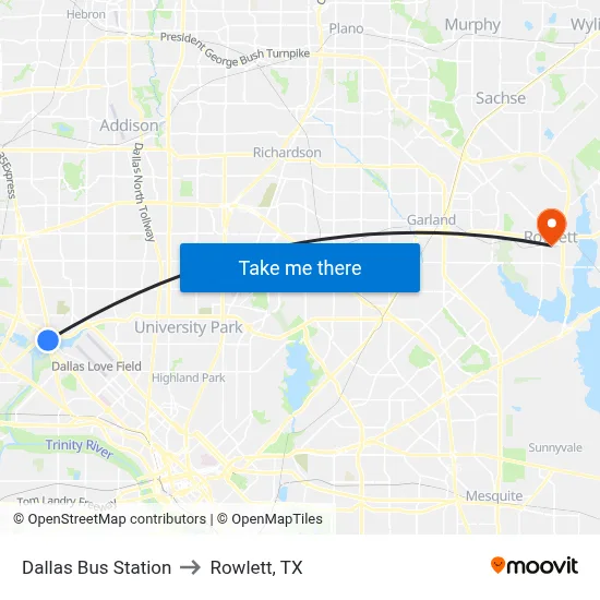 Dallas Bus Station to Rowlett, TX map