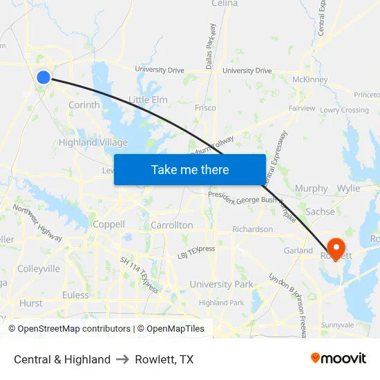 Central & Highland to Rowlett, TX map