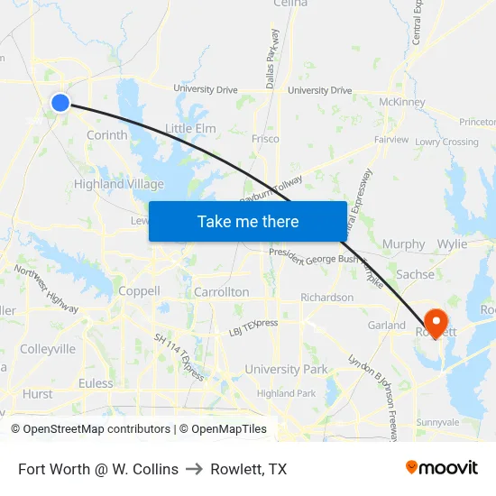 Fort Worth @ W. Collins to Rowlett, TX map