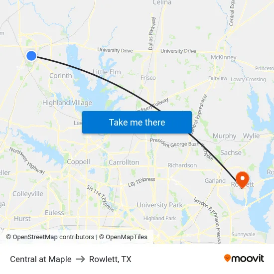 Central at Maple to Rowlett, TX map