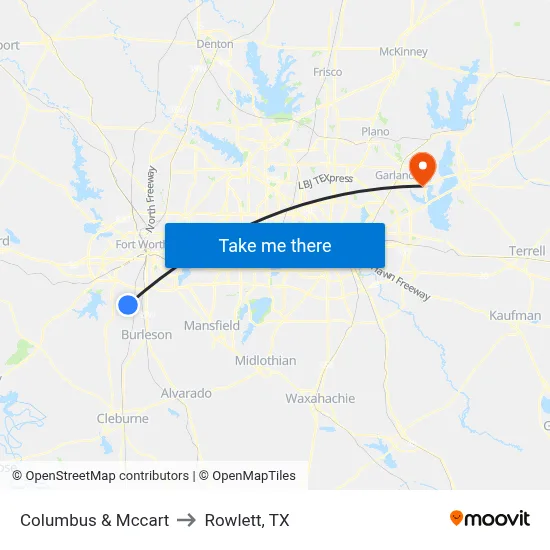 Columbus & Mccart to Rowlett, TX map