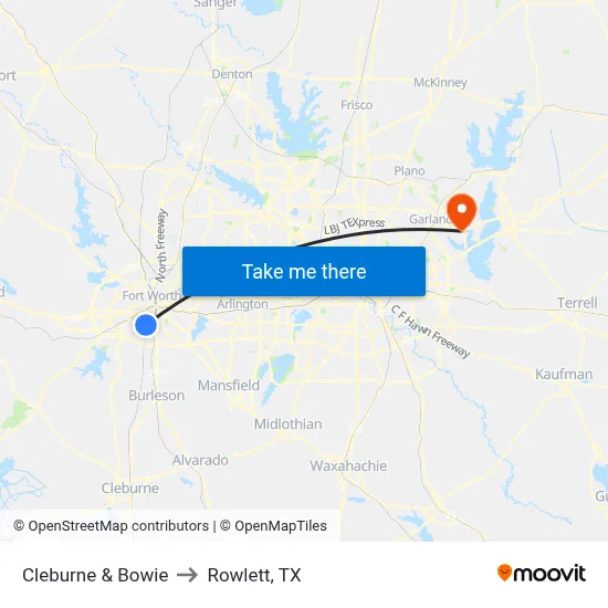 Cleburne & Bowie to Rowlett, TX map