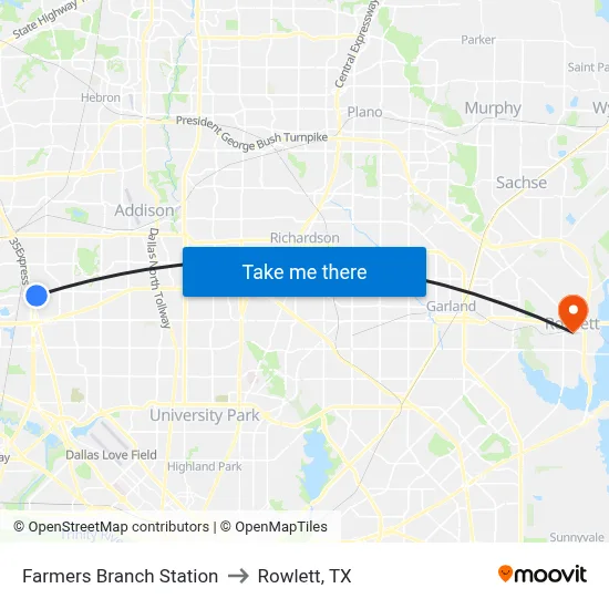 Farmers Branch Station to Rowlett, TX map