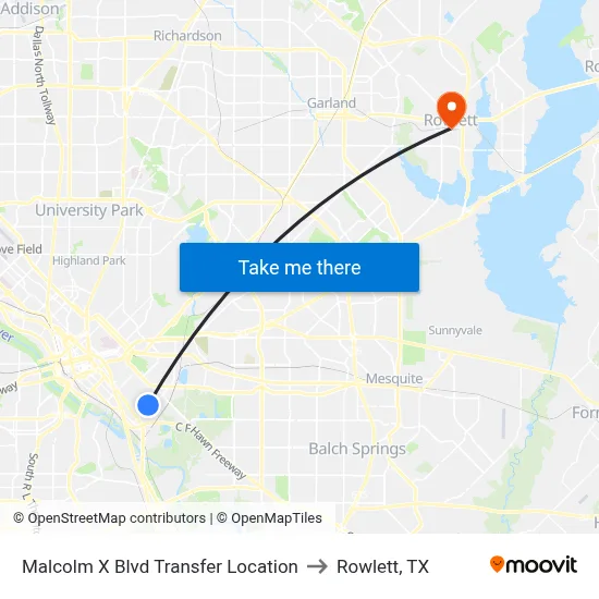 Malcolm X Blvd Transfer Location to Rowlett, TX map