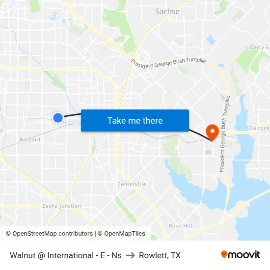 Walnut @ International - E - Ns to Rowlett, TX map