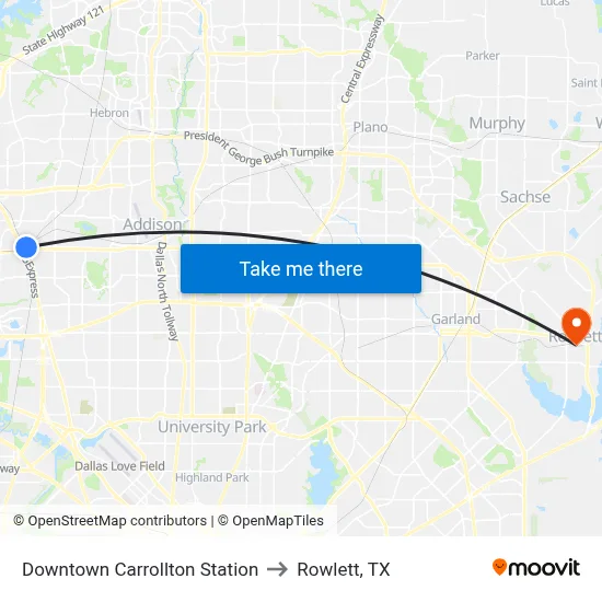 Downtown Carrollton Station to Rowlett, TX map