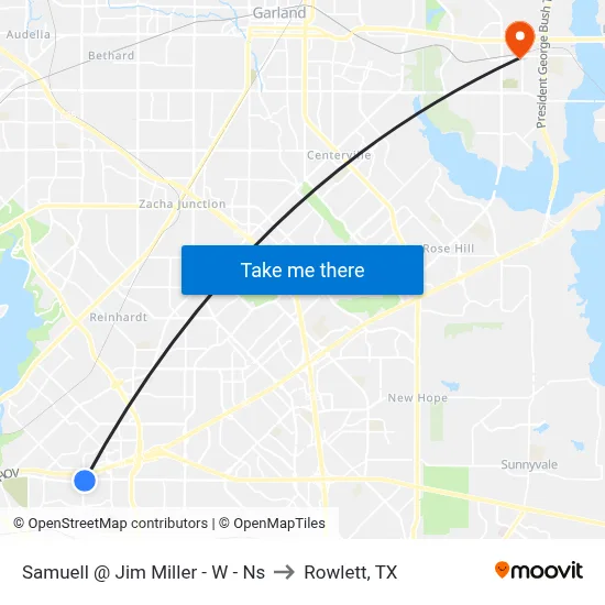 Samuell @ Jim Miller - W - Ns to Rowlett, TX map