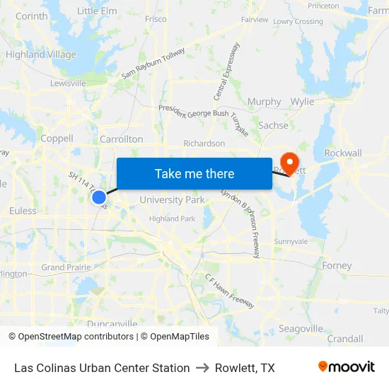 Las Colinas Urban Center Station to Rowlett, TX map