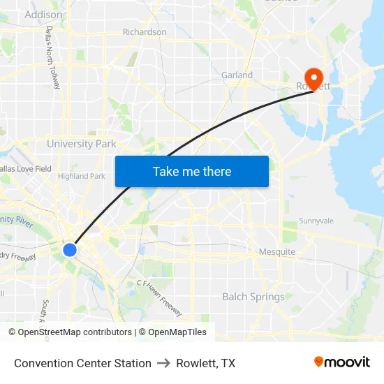 Convention Center Station to Rowlett, TX map