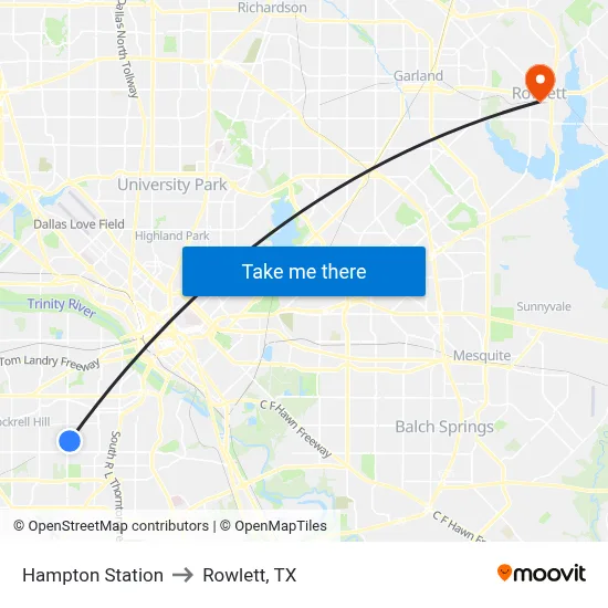 Hampton Station to Rowlett, TX map