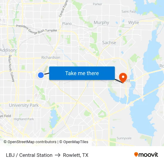 LBJ / Central Station to Rowlett, TX map