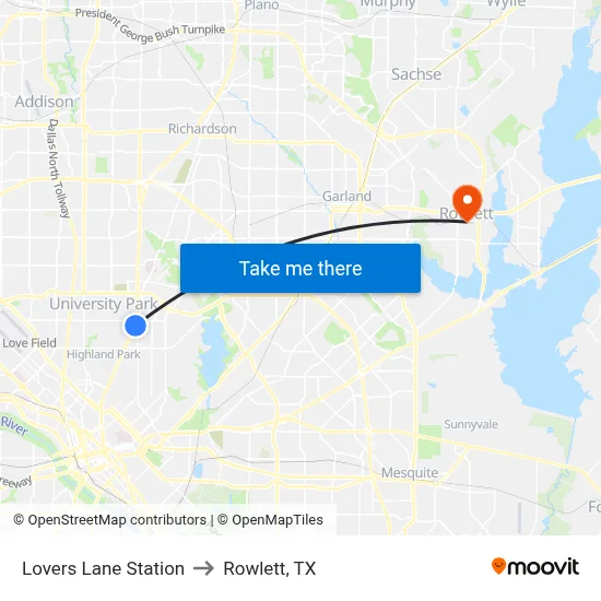 Lovers Lane Station to Rowlett, TX map