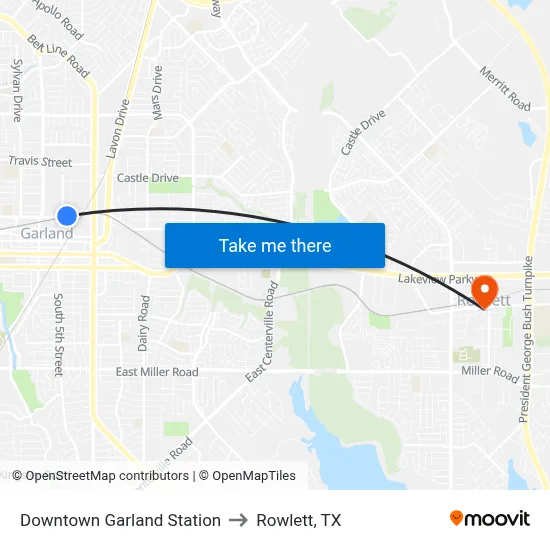 Downtown Garland Station to Rowlett, TX map