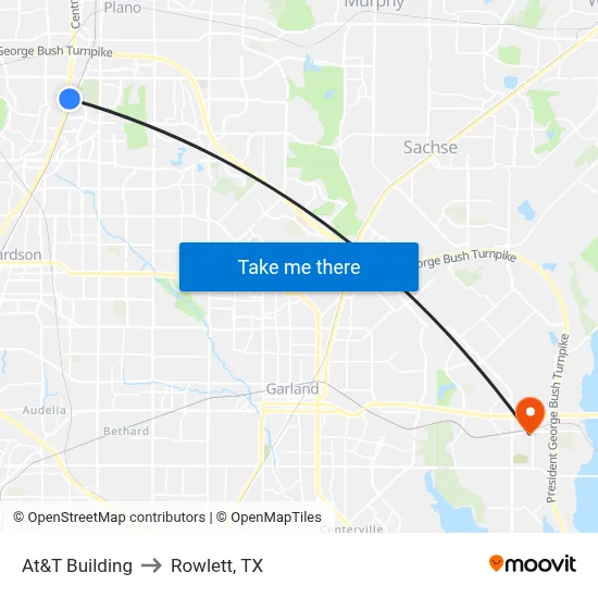 At&T Building to Rowlett, TX map