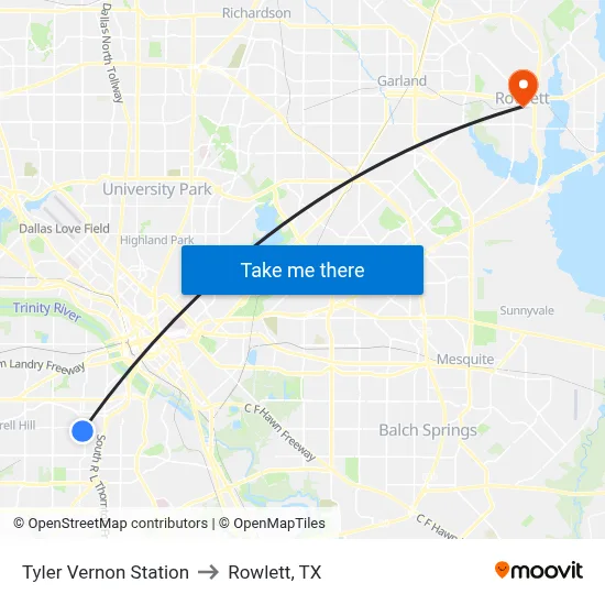 Tyler Vernon Station to Rowlett, TX map